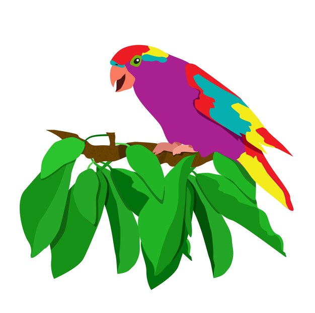 Вектор Тропический яркий попугай сидит на ветке с зелеными листьями.