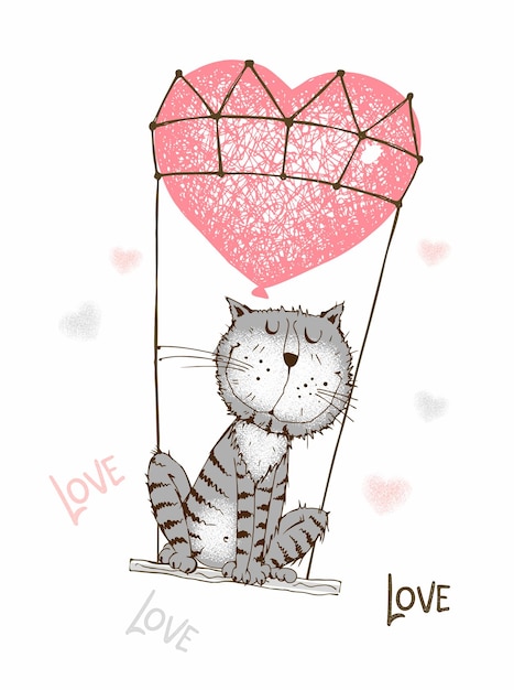 バレンタインデーカード 可愛い猫がバルーンベクトルで飛んでいる