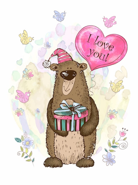 발렌타인 데이 카드 귀여운 테디 베어와 풍선 수채화 심장 형태의 수채화 배경  ⁇ 터