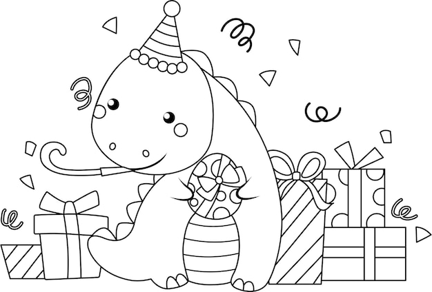 Вектор Вектор празднования дня рождения на тему динозавров в черно-белой раскраске