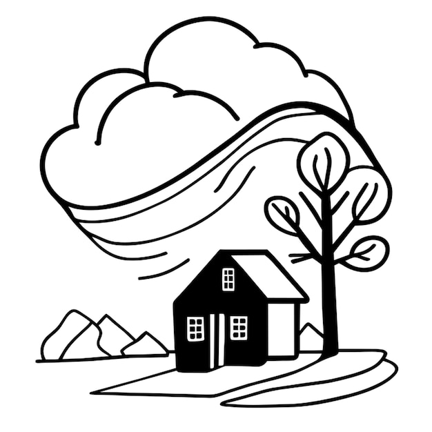 Вектор Вектор лесистого дома, поднесенного ветром в черно-белом рисунке векторной иллюстрации