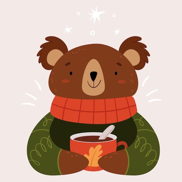 벡터 따뜻한 빨간 스카프와 큰 코코아 컵을 가진 아주 귀여운 곰.