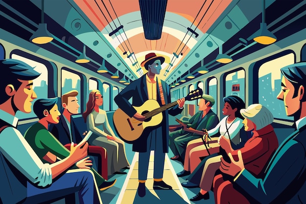 벡터 지하철 열차 안 에서 줄무 의 슈트 와 모자 를 입은 남자 가 기타 를 연주 하는 것 을 즐기는 다양한 승객 들 의 그룹 의 활기찬 일러스트레이션