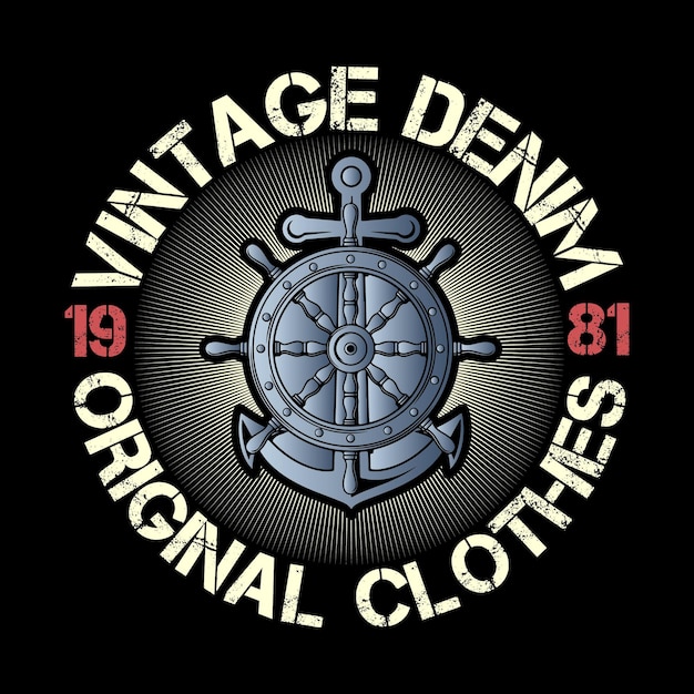 Вектор Логотип винтажной джинсовой одежды с корабельным штурвалом и надписью винтажная джинсовая оригинальная одежда.