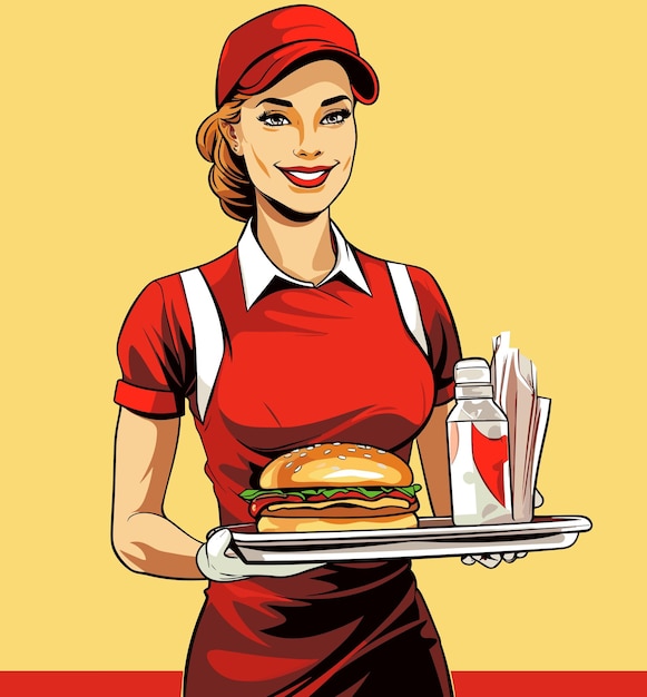 Вектор Официантка в оживленной закусочной умело держит поднос с гамбургером и газировкой с мультяшным гамбургером.