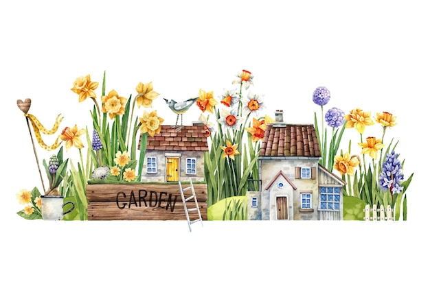 Вектор Акварельная иллюстрация сада и дома с табличкой 