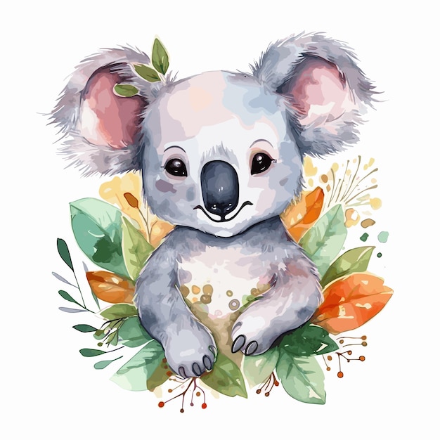 Акварельный медведь коала сидит на цветочном фоне.