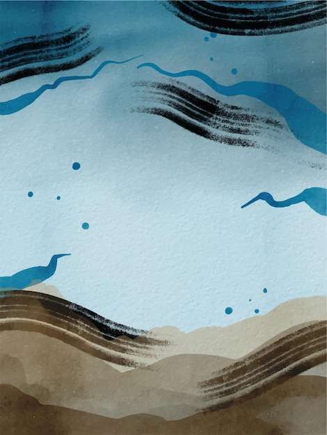 ベクトル 青と茶色の波と空を背景にしたビーチの水彩画。
