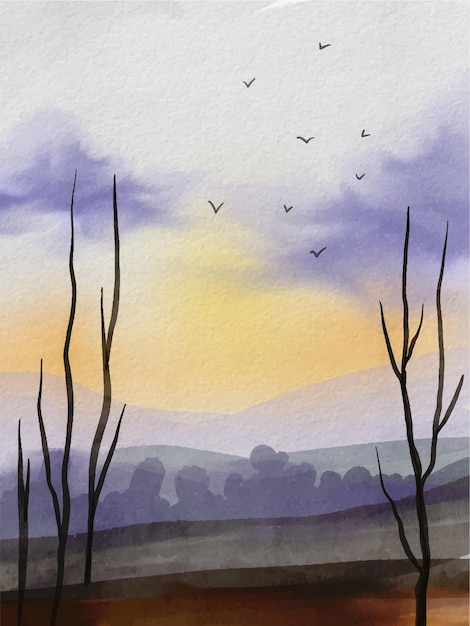 Акварельная картина пейзажа с горами и деревьями, с летающими в небе птицами.