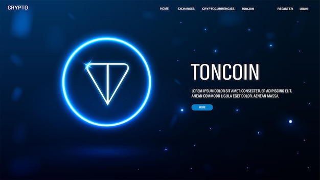 ベクトル 青色の背景に明るいネオン トンコインのロゴが付いた web バナー
