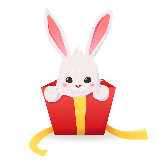 흰색 귀여운 토끼는 리본 벡터 삽화가 있는 빨간색 선물 상자에 앉아 있습니다.