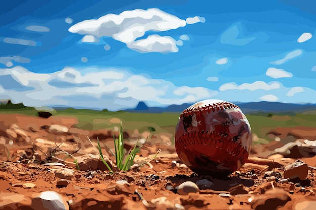 Вектор Белый кожаный бейсбол на травяном поле в солнечный день с копировальным пространством
