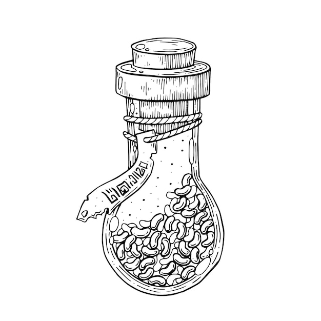 Вектор Бутылка ведьминского зелья с волшебными бобами.