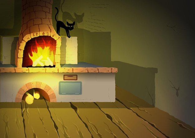 Вектор Комната ведьмы с полом из деревянных досок и кирпичной печью с горящим огнем