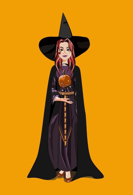 とがった帽子と黒いローブの赤い髪の魔女がハロウィーンのカボチャに呪文を唱える