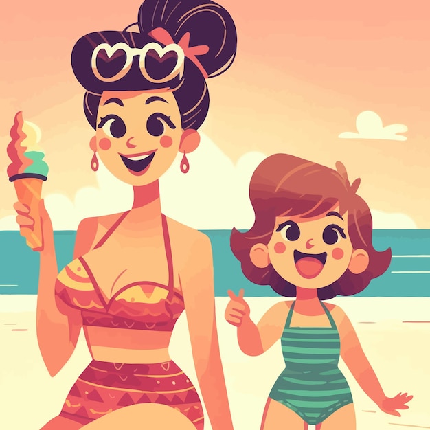 벡터 한 여자 와 한 아이 는 아이스크림 콘 을 들고 해변 에 있다