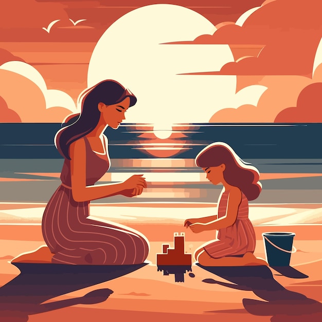 벡터 앞면 에 상자 가 있는 여자 와 아이 가 해변 에서 놀고 있다