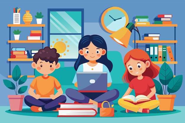 Вектор Женщина и двое детей сидят на диване и учатся или работают вместе на ноутбуке дети учатся дома настраиваемая полуплоская иллюстрация