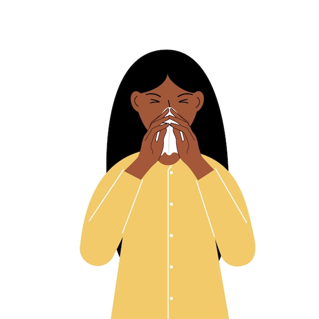 ベクトル 女性がハンカチで両手で鼻を覆う季節性アレルギーのくしゃみをする病人のコンセプト悪臭