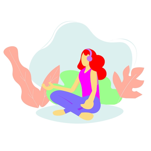 自然の中で瞑想をしている女性が、ヘッドホンを使ってリラックスできる音を聞きます。フラットのベクトル図
