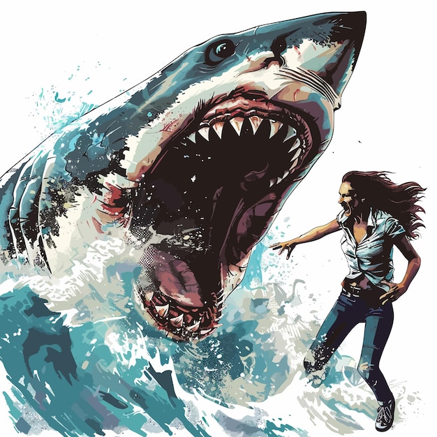 Vettore a_woman_escaping_from_aggressive_shark_vector