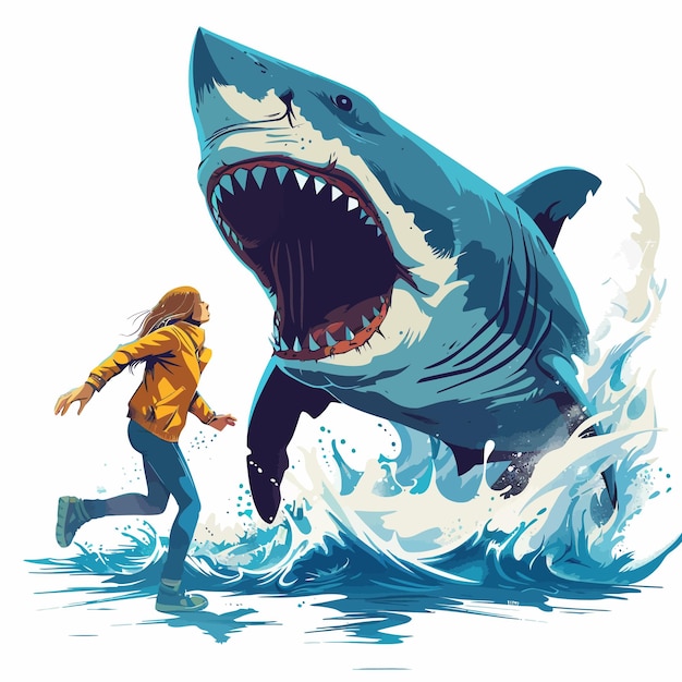 Vector a_woman_escaping_from_aggressive_shark_vector