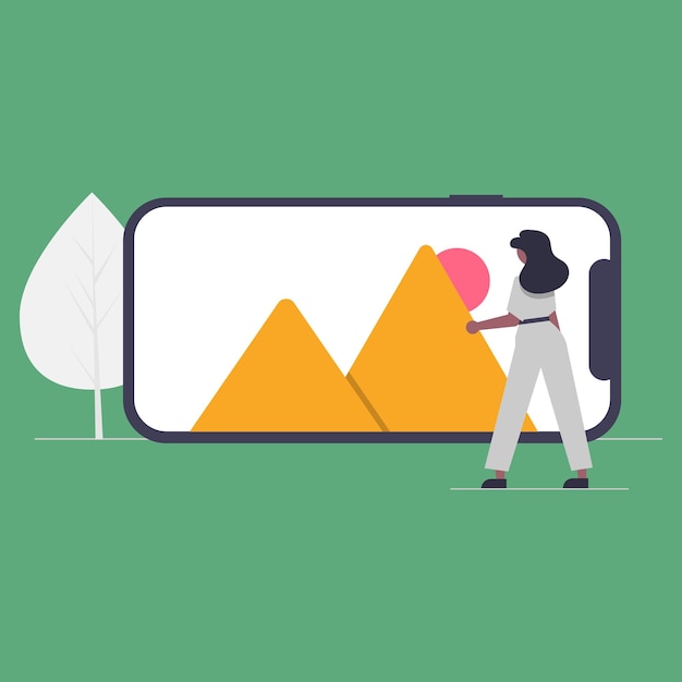 Вектор Женщина держит гигантскую пирамиду гор на экране смартфона.
