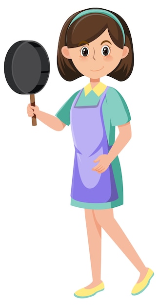 白い背景の上のエプロン漫画のキャラクターを身に着けている鍋を保持している女性