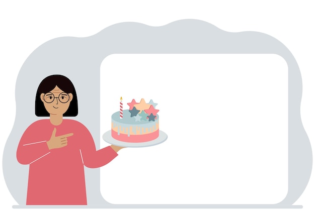 ベクトル 女性が手にケーキを握っている近くには誕生日または休日のテキストの白いポスターがある