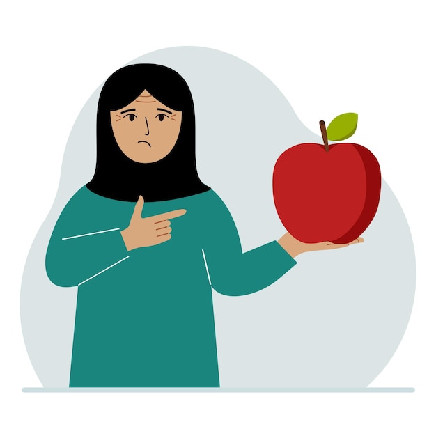 ベクトル 女性は新鮮で赤いリンゴを手に持っている 女性はリンゴを食べる 健康食品のコンセプト