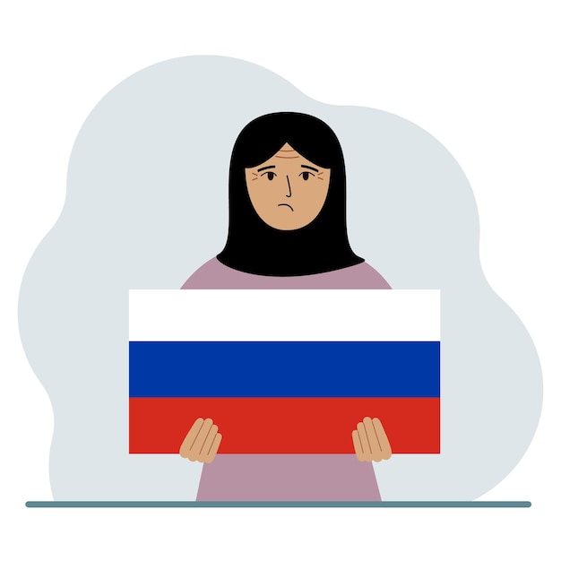 Вектор Женщина держит в руках российский флаг концепция демонстрации национального праздника или патриотизма национальность