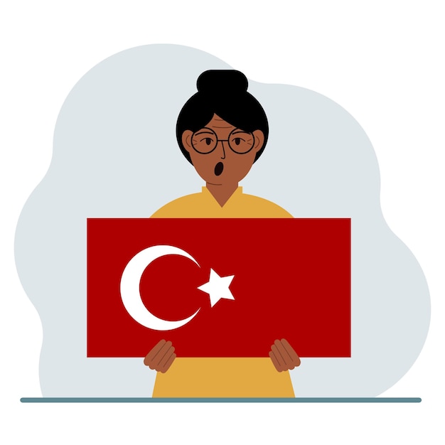 ベクトル 女性はトルコの国旗を手に持っているデモンストレーションの国民の祝日トルコの日または愛国心国籍のコンセプト