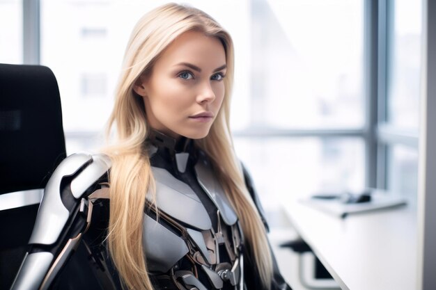 Вектор a woman in a cyborg suit sitting at a desk