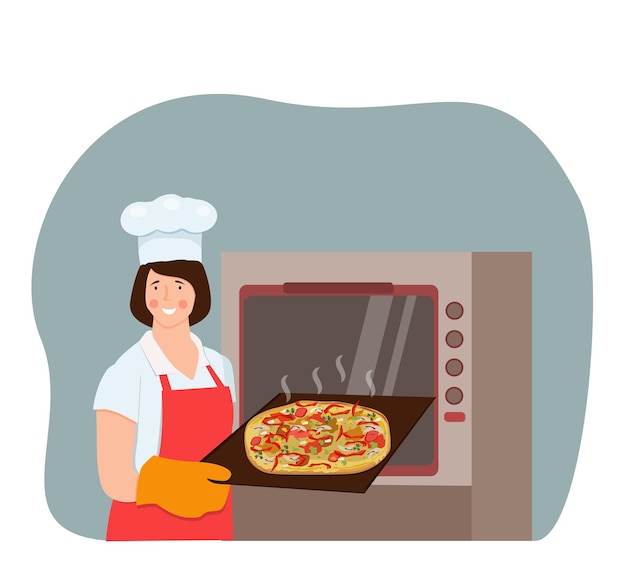Вектор Женщина в кухонной форме держит поднос для выпечки с горячей готовой пиццей.