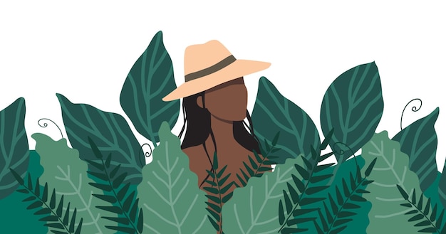 벡터 밀짚 모자를 쓴 여인이 키 큰 풀 덤불에 서 있습니다.