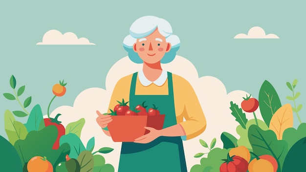 벡터 그녀의 여성은 자랑스럽게 그녀의 꽃이 피는 채소 정원을 보여줍니다. 맛있는 토마토로 가득 차 있습니다.