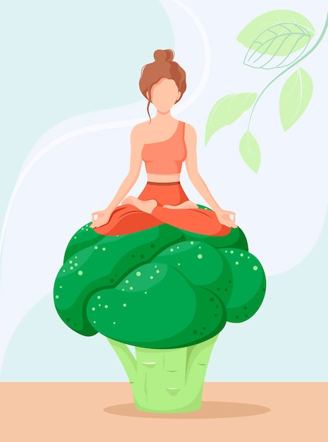 Женщина сидит на брокколи. здоровое питание. мультфильм дизайн.