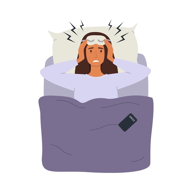 ベクトル ベッドに横になって眠れない女性不眠症睡眠障害頭痛の概念