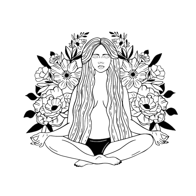 Вектор Женщина медитирует в позе лотоса с цветами позади нее.