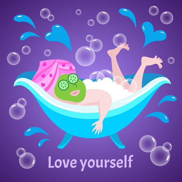 Вектор Женщина расслабляется в ванне, наслаждаясь спа-процедурами со специальным уходом за лицом