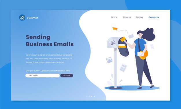 Женщина отправляет почту в почтовый ящик для концепции страницы контактов веб-сайта