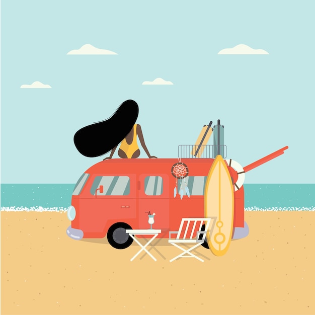 Женщина сидит на крыше машины и смотрит на море. автобус хиппи, серфинг, чемодан.