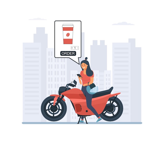 バイクに座っている女性がスマートフォンでコーヒーを注文します。ベクトルイラスト。