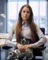 Вектор Женщина, сидящая на офисном стуле с роботизированной рукой