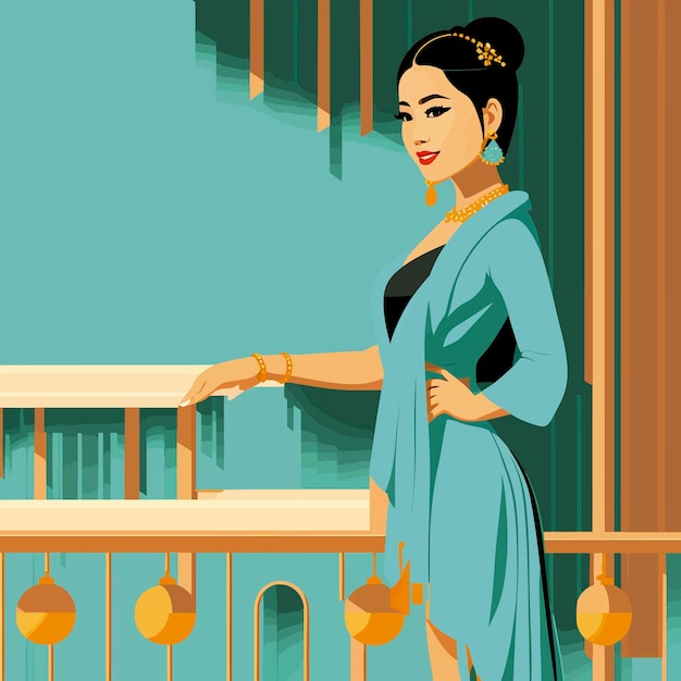 Вектор Женщина, стоящая на балконе в голубом платье и с золотым браслетом.