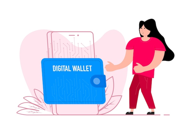한 여성이 화면의 스마트폰 근처에 서 있습니다. 디지털 지갑 Ewallet 금융 저축