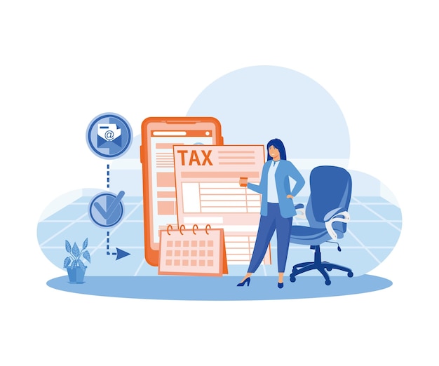 ベクトル a woman uses a tax calendar to fill out taxes taxation planning concept flat vector modern illustration