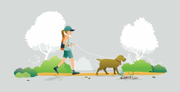 벡터 회색 배경에 강아지와 함께 공원에서 산책하는 여자
