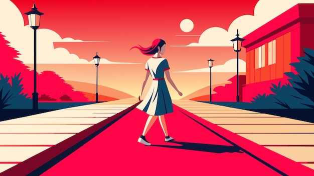 ベクトル 女性が赤い背景の通りを歩き背景に赤い日没を描いています