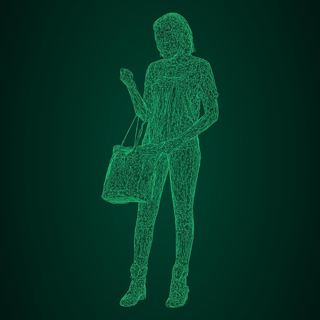 그녀의 구부러진 손에 가방을 든 여자 Bl에 녹색 빛나는 삼각형 격자의 벡터 일러스트 레이 션